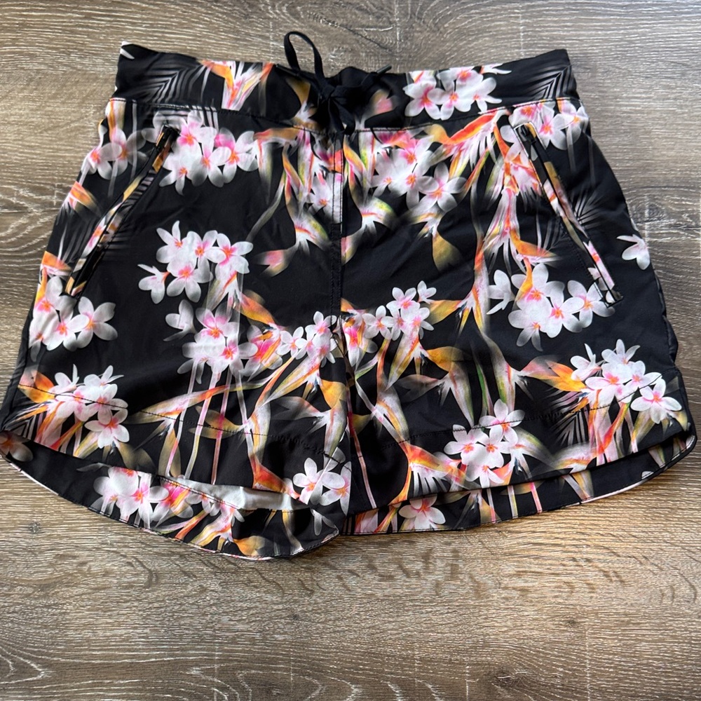 Black Floral Swim Shorts with Liner Pink & Orange Blooms Size S